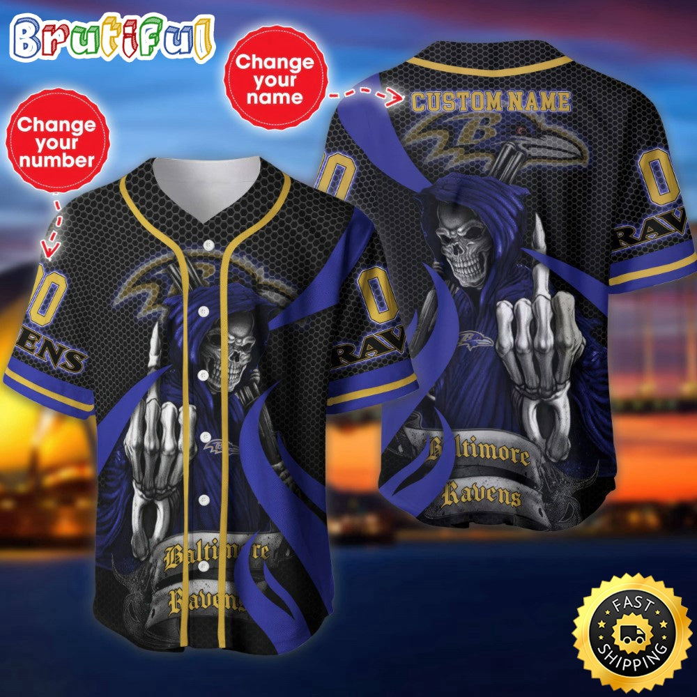 Personalized NFL Baltimore Ravens Baseball Jersey Shirt The Reaper Art Skull