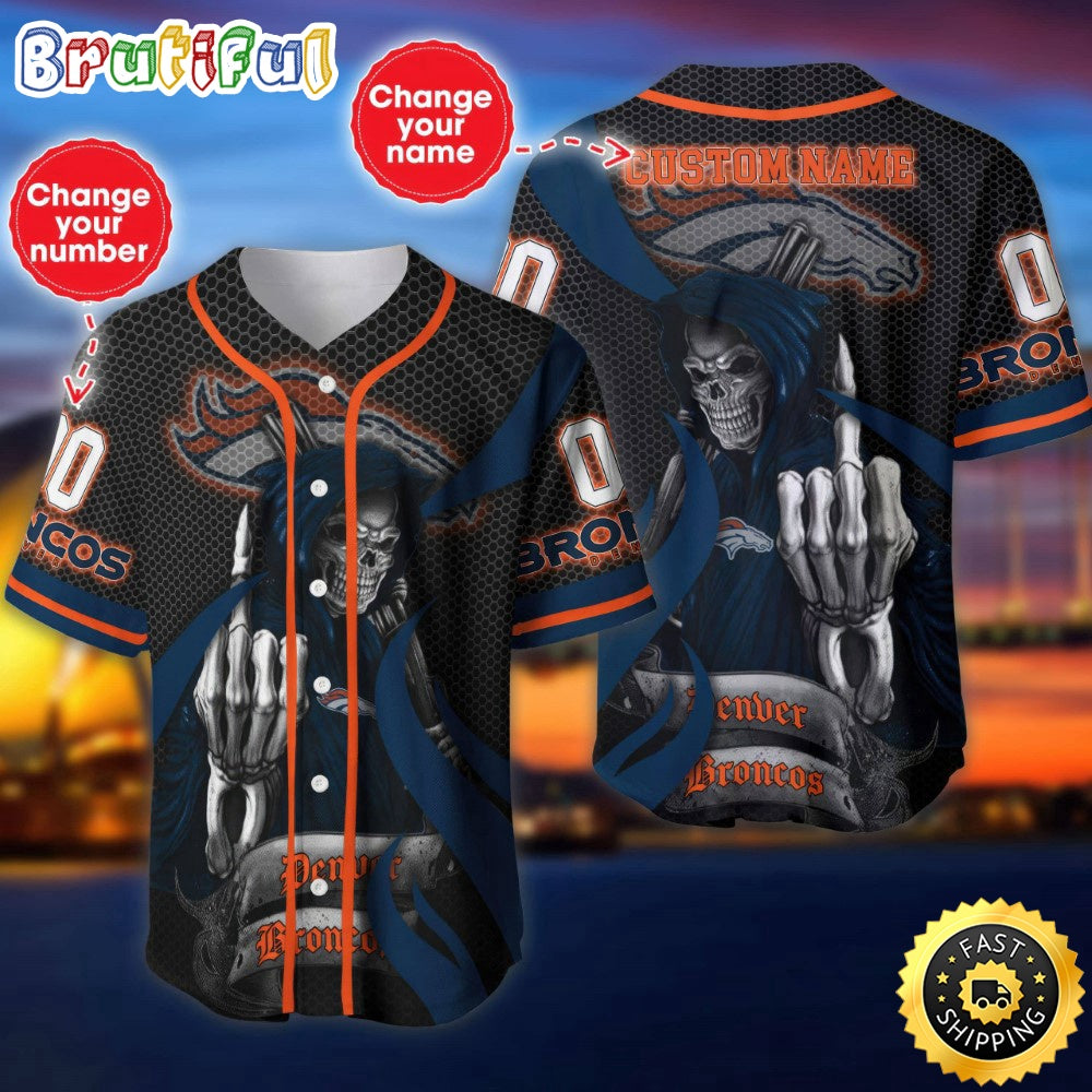 Personalized NFL Denver Broncos Baseball Jersey Shirt The Reaper Art Skull