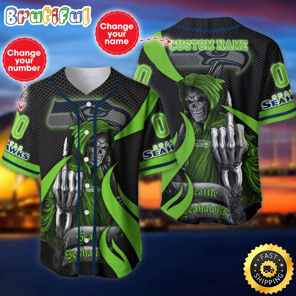 Personalized NFL Seattle Seahawks Baseball Jersey Shirt The Reaper Art Skull