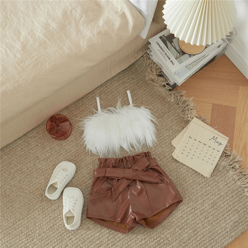 Suefunskry 2-7Y Kids Children Girls Clothes Set Vest Tops Pu Leather Bow Shorts Summer Outfits