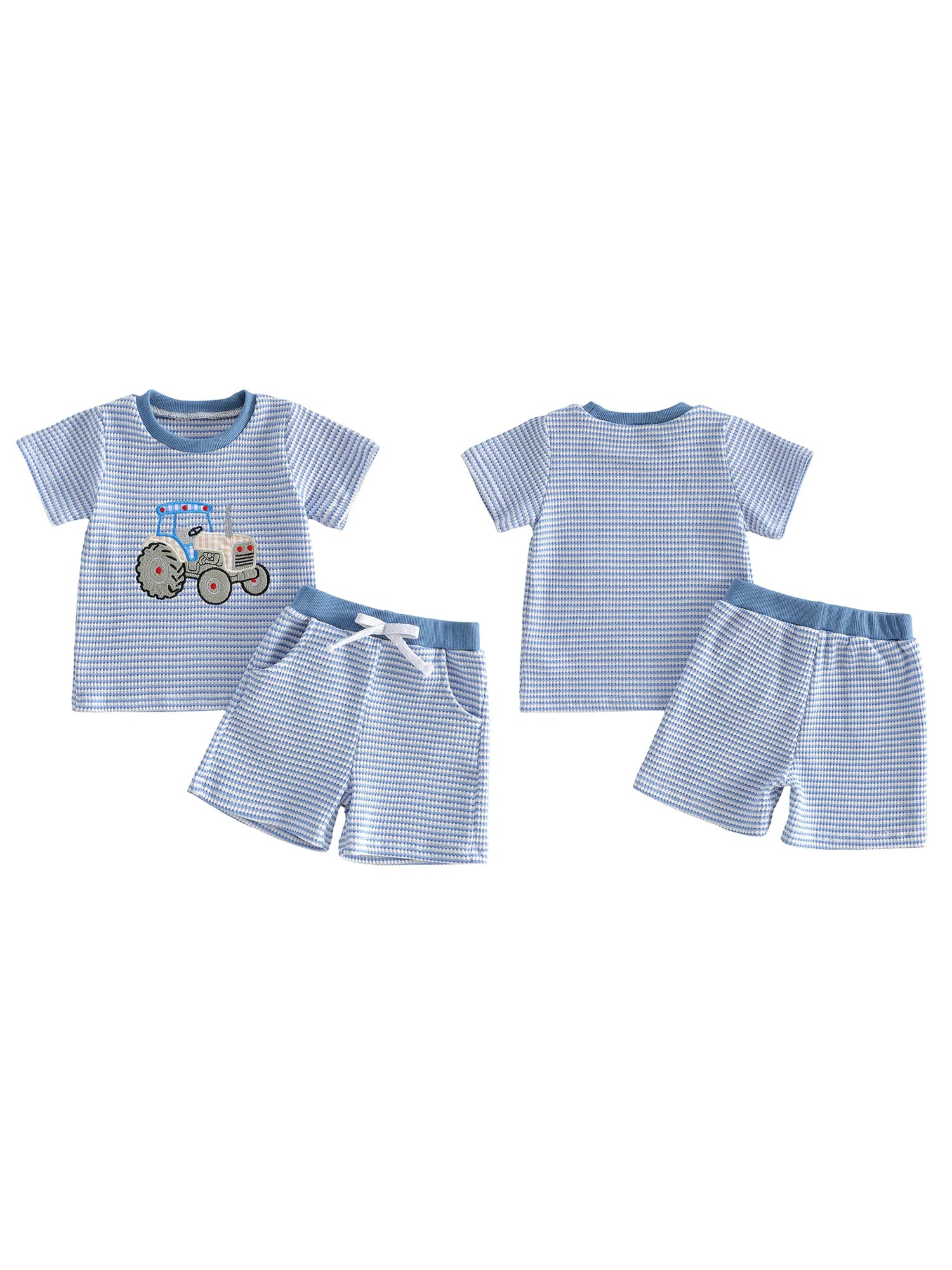2Pcs Toddler Girl Summer Outfits Short Sleeve Round Neck Floral Embroidery Ribbed Knit Tops and Elastic Waist Shorts Set