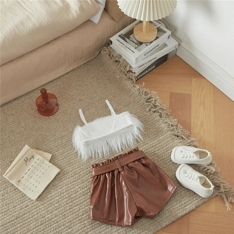 Suefunskry 2-7Y Kids Children Girls Clothes Set Vest Tops Pu Leather Bow Shorts Summer Outfits