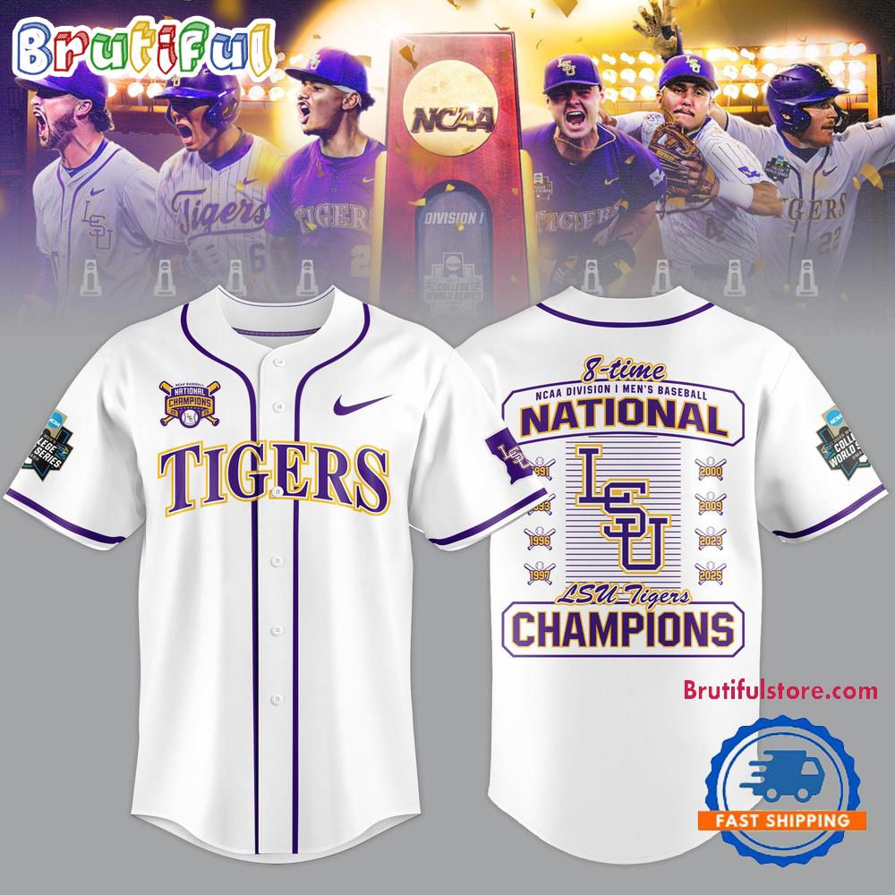 LSU Tigers 2025 NCAA National Champions 8 Time Limited Edition White Jersey Shirt